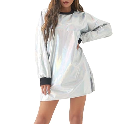 Astronaut Kostüm, Alien Kostüm Damen Space Girl Kleid mit Glänzend Metallic Kleid Lederkleid Weltall Astronauten Kostüm Wetlook Clubwear Halloween Karneval Fasching Party Outfits von Hsternexy