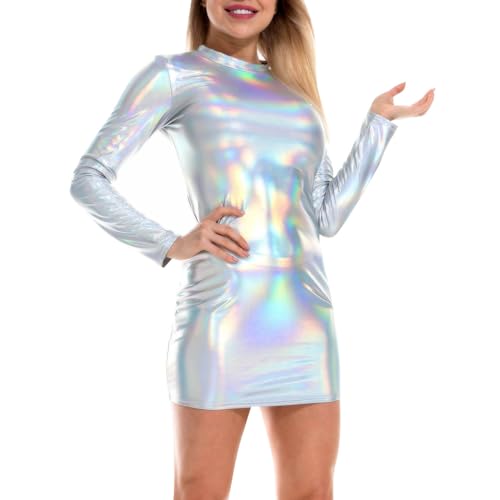 Astronaut Kostüm, Alien Kostüm Damen Space Girl Kleid mit Glänzend Metallic Kleid Lederkleid Weltall Astronauten Kostüm Wetlook Clubwear Halloween Karneval Fasching Party Outfits von Hsternexy