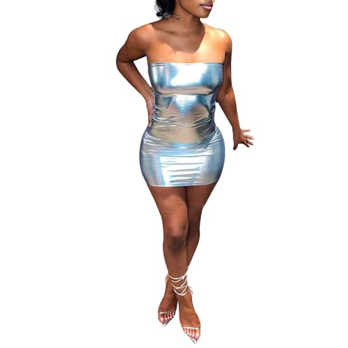 Astronaut Kostüm, Astronauten Kostüm Damen Wetlook Trägerloses Kleid Glitzer Metallic Holographic Ärmellos Skater Minikleid Lederkleid Bodycon Figurbetonte Partykleid für Nächtliche Party Rave von Hsternexy