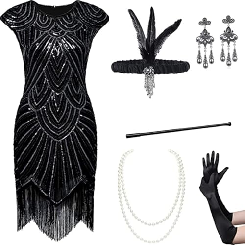 Charleston Kleid, 20er Jahre Accessoires Silvester Outfit Kostüm Damen Party Outfit Vintage Mafia Kostüm Charleston Kleid 20er Jahre Flapper Kleid mit Pailletten Gatsby Accessoires Faschingskostüme von Hsternexy