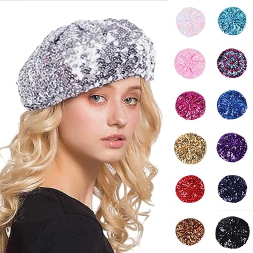 Damen Baskenmütze mit Glitzernden Pailletten Mütze Glänzende Mädchen Mütze Damen Glitzer Tanzhüte für Party Clubwear Cosplay Faschingsmütze Hippie Accessoires Silber Beret Disco Hut von Hsternexy