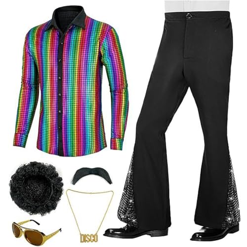 Disco Outfit Herren Hip Hop Outfit Hippie Kostüm Herren Schlaghose Silvester Hemd Herren Party Outfit Herren Karneval Kostüm Herren Glitzer Outfit Herren 70er Jahre Outfit Herren Faschingskostüme von Hsternexy