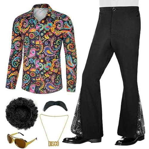 Disco Outfit Herren Silvester Hemd Herren Hippie Kostüm Herren Faschingskostüme Männer Karneval Kostüm Herren 70er Jahre Outfit Herren Schlaghose Hip Hop Outfit Party Outfit Herren Glitzer Outfit von Hsternexy