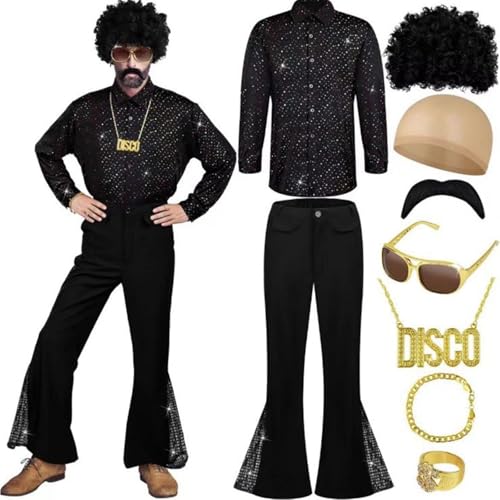 Hippie Kostüm Herren Karneval Kostüm Herren Disco Outfit Herren Glitzer Outfit Herren Silvester Hemd Herren 70er Jahre Outfit Herren Schlaghose Hip Hop Outfit Party Outfit Herren Faschingskostüme von Hsternexy