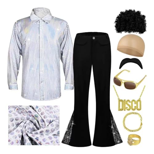 Hippie Kostüm Herren Karneval Kostüm Herren Disco Outfit Herren Glitzer Outfit Herren Silvester Hemd Herren 70er Jahre Outfit Herren Schlaghose Hip Hop Outfit Party Outfit Herren Faschingskostüme von Hsternexy