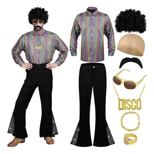 Hippie Kostüm Herren Karneval Kostüm Herren Disco Outfit Herren Glitzer Outfit Herren Silvester Hemd Herren 70er Jahre Outfit Herren Schlaghose Hip Hop Outfit Party Outfit Herren Faschingskostüme von Hsternexy