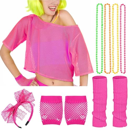 Karneval Kostüm Damen, 90er Jahre Outfit, 90er 80er Jahre Outfit Damen Netzoberteil Accessoire Off Shoulder Netzshirt 80er Jahre Kleidung 80iger Schlagerparty Bad Taste Outfit Damen Neon Party Outfit von Hsternexy