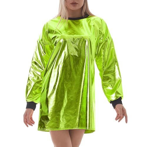 Kostüm Alien, Alien Kostüm Damen Space Girl Kleid mit Glänzend Metallic Kleid Lederkleid Weltall Astronauten Kostüm Wetlook Clubwear Halloween Karneval Fasching Party Outfits von Hsternexy