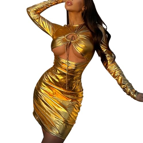 Kostüm Astronaut Damen, Alien Kostüm Damen Space Girl Kleid mit Glänzend Metallic Kleid Lederkleid Weltall Astronauten Kostüm Wetlook Clubwear Halloween Karneval Fasching Party Outfits von Hsternexy