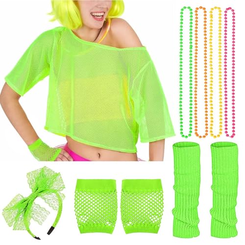 Party Outfit Damen, Karneval Kostüm Damen, 90er 80er Jahre Outfit Damen Netzoberteil Accessoire Off Shoulder Netzshirt 80er Jahre Kleidung 80iger Schlagerparty Bad Taste Outfit Damen Neon Party Outfit von Hsternexy