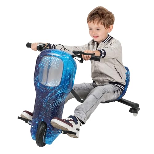 HuKaiL Kinder Elektro Driftscooter ab 5 Jahren, 250W Kinderkraft Dreirad mit Drei Geschwindigkeiten und Einstellbare Länge bis100Kg, Kinder Drift Trike mit Fünf-Farben-LED-Panel, Starry Blue von HuKaiL