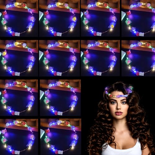 12 Pcs LED BlumenHaarband,Haarkranz Leuchtend,Leucht Tiara Haarschmuck, LEDstirnband Mädchen，Leuchtende Blumenkronen von HuaMuDM