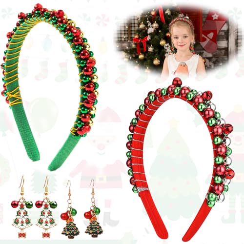 2 Stück Weihnachts Kopfschmuck,mit 2 Paar Weihnachtsbaum Glöckchen Ohrringe，Weihnachtsstirnband,Weihnachten Haarschmuck mit Glöckchen,Weihnachten Haarreif, Weihnachtsstirnband Rot Grün von HuaMuDM