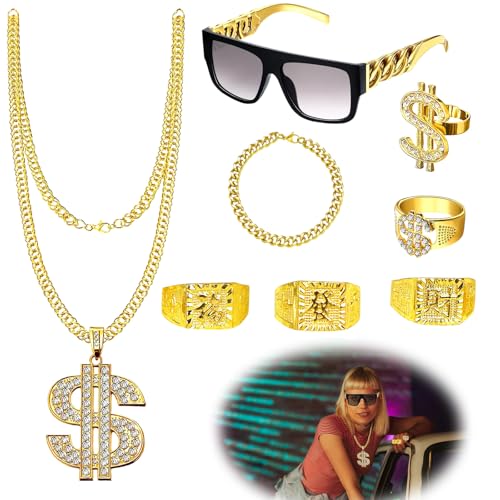 8 Stück Hip Hop Disco Kostüm Accessoires, Zuhälter Kostüm, 80er 90er Jahre Outfit Herren Hip Hop Kostüm，Karneval Kostüm Herren Zuhälter Kostüm,Hip Hop Rapper Kostüm, Zuhälter Kostüm Herren von HuaMuDM