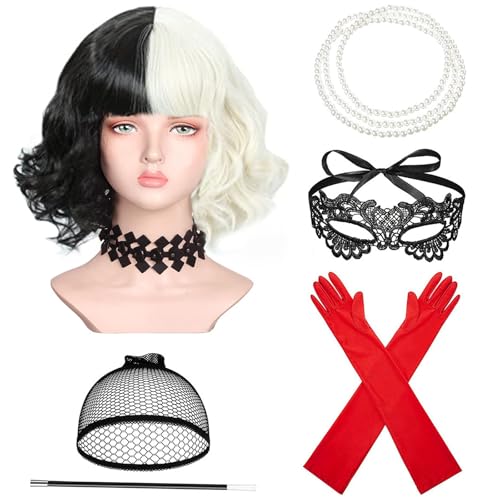 Cruella Kostüm Damen,Schwarz und Weiß Perücke,Halb Schwarz und Halb Weiß Perücke mit Rot Handschuhe und Perle Halskette,Damen Spitze Maske,Handschuhe Halskette Set,70er Jahre Accessoires von HuaMuDM