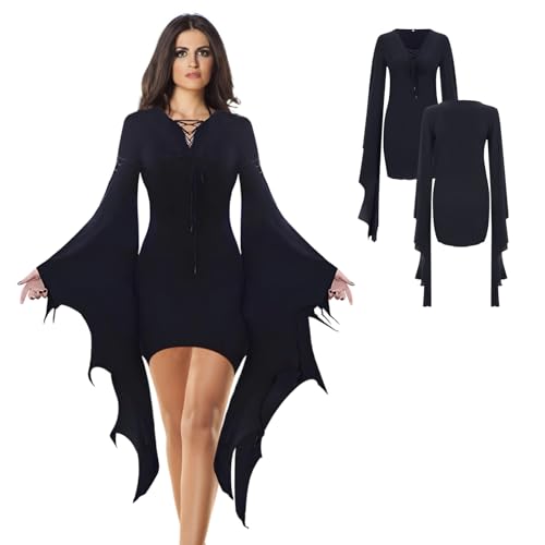 HuaMuDM Gothic Kleidung Damen Halloween Kostüm, Halloween Kostüm Damen Fledermaus Kleid, Fledermausärmel Kleider， Festlich Retro Kleid， Minikleid Vampir， Fledermaus Kleid， Steampunk Minikleid-L von HuaMuDM