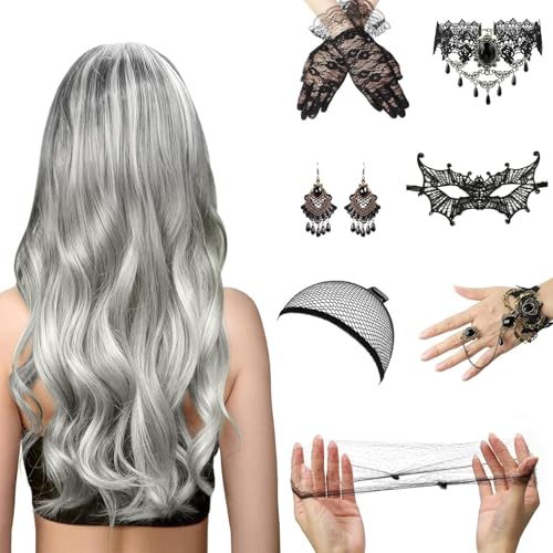 Perücke Frauen Kostüm Halloween,10tlg Perücke Frauen Kostüm Set,Silbergrau Mädchen Frauen Perücke mit Gothic Schmuck Spitze Maske Lace Handschuhe,Perücke Frauen Kostüm für Karneval Cosplay von HuaMuDM