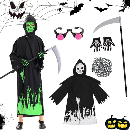 HuaMuDM Sensenmann Kostüm Kinder,Halloween Kostüm Sensenmann,mit leuchtenden Augen Sense Handschuhen Taillenkette,Deluxe Glow in The Dark Halloween Kostüm für Halloween,Karneval,Fasching,Mottoparty HuaMuDM Sensenmann Kostüm Kinder,Halloween Kostüm Sensenmann,mit leuchtenden Augen Sense Handschuhen Taillenkette,Deluxe Glow in The Dark Halloween Kostüm für Halloween,Karneval,Fasching,Mottoparty von HuaMuDM