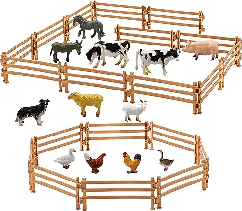 Pferdezaun Spielzeug,12pcs Bauernhof Tiere+20 Stücke Pferd Corral Fechten Zubehör Spielzeug,Mini Tiere Figuren Set,Koppel Spielzeug,Bauernhof Tierfiguren, Bauernhof Tiere Playset Lernspielzeug Set von HuaMuDM