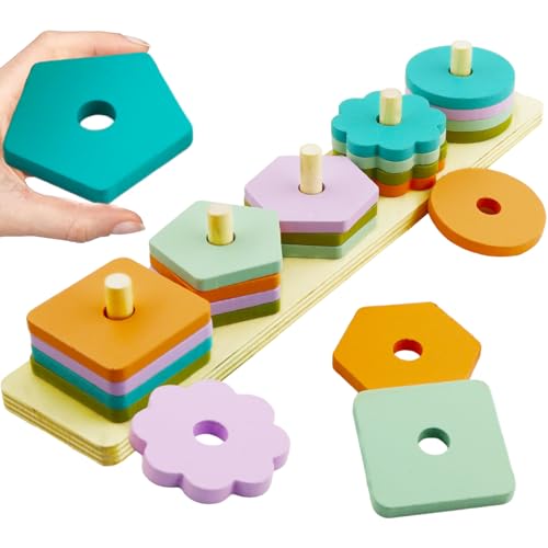 20 pcs Holz Sortier & Stapelspielzeug,Holz Montessori Spielzeug ab 1 2 3 Jahre,Steckpuzzle Holz ab 1 Jahr,Geometrische Baukasten,Holzspielzeug Stapelturm und Puzzle Motorikspielzeug,Lernspielzeug von Huahuanghui