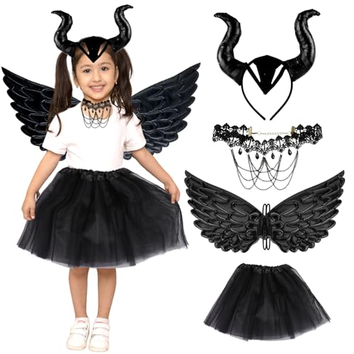 4 Stück Königin Hörner Kostüm Set,halloween kostüm kinder mädchen,1 Hörner Kopfschmuck+1 Kostüm Kind Tutu+1 Schwarzen Engelsflügeln+1 Halskette,für Cosplay,Karneval Party,Halloween,Maskerade von Huahuanghui