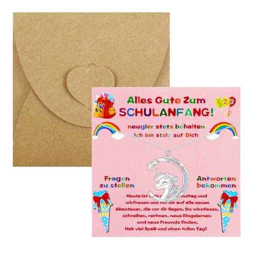 Einschulung Mädchen Geschenk Einhorn Halskette Set Schulanfang Geschenke Mutmacher Kinder Schultüte Füllung Schulanfang Glücksbringer mit Motivationskarte Schuleröffnung Grußkarte Umschlag von Huahuanghui