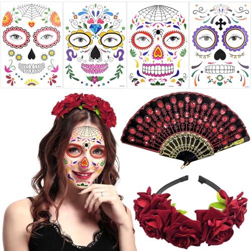 Halloween Tag der Toten Haarreif,Tag der Toten Gesicht Tattoos, Spitze Handfächer Faltbares, Dia de los Muertos Haarreif Rosen Haarband, Kostüm Damen für Karneval Fasching Halloween Mottoparty von Huahuanghui