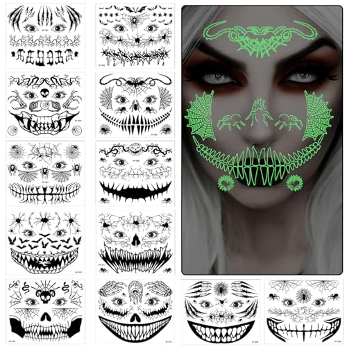 Huahuanghui 12 Blätter Halloween Temporäre Gesichtstattoo,Leuchtende Halloween Tattoos Totenkopf,Glowing Skelett Tattoo Gesicht,Gruselig Schminke Tattoos Halloween Huahuanghui 12 Blätter Halloween Temporäre Gesichtstattoo,Leuchtende Halloween Tattoos Totenkopf,Glowing Skelett Tattoo Gesicht,Gruselig Schminke Tattoos Halloween von Huahuanghui