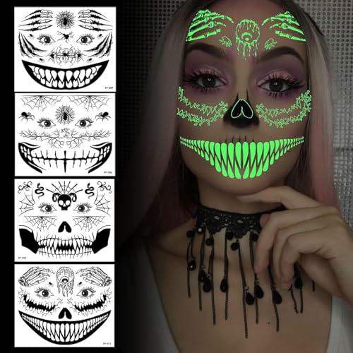 Huahuanghui 4 Blätter Halloween Temporäre Gesichtstattoo,Leuchtende Halloween Tattoos Totenkopf,Glowing Skelett Tattoo Gesicht,Gruselig Schminke Tattoos Halloween Huahuanghui 4 Blätter Halloween Temporäre Gesichtstattoo,Leuchtende Halloween Tattoos Totenkopf,Glowing Skelett Tattoo Gesicht,Gruselig Schminke Tattoos Halloween von Huahuanghui