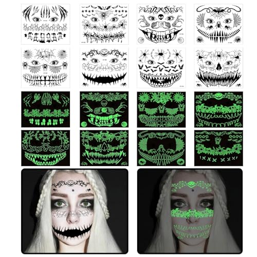 Huahuanghui 8 Blätter Halloween Temporäre Gesichtstattoo,Leuchtende Halloween Tattoos Totenkopf,Glowing Skelett Tattoo Gesicht,Gruselig Schminke Tattoos Halloween Huahuanghui 8 Blätter Halloween Temporäre Gesichtstattoo,Leuchtende Halloween Tattoos Totenkopf,Glowing Skelett Tattoo Gesicht,Gruselig Schminke Tattoos Halloween von Huahuanghui