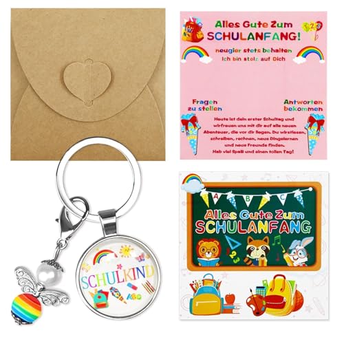 Einschulung Mädchen Geschenk Schutzengel Schlüsselanhänger Set Schulanfang Geschenke Mutmacher Kinder Schultüte Füllung Schulanfang Glücksbringer mit Motivationskarte Schuleröffnung Grußkarte Umschlag von Huahuanghui