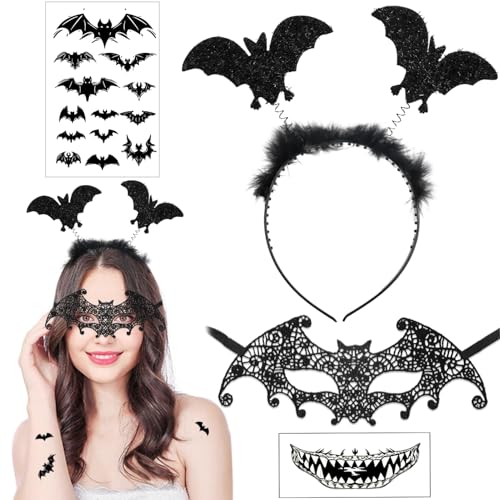 Huahuanghui Fledermaus Haarreif Maske Set 4 Stück, Fledermaus Haarschmuck, Fledermaus Maske, Fledermaus Tattoos, Halloween Karneval Fledermaus Accessoires von Huahuanghui