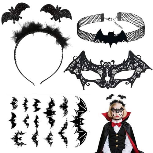 Huahuanghui Halloween Fledermaus-Set: Haarreif, Halsband, Abziehtattoos, Fledermaus-Brillengestell- Grusel Accessoires für Halloween-Dekoration, Cosplay, Kostümparty Huahuanghui Halloween Fledermaus-Set: Haarreif, Halsband, Abziehtattoos, Fledermaus-Brillengestell- Grusel Accessoires für Halloween-Dekoration, Cosplay, Kostümparty von Huahuanghui