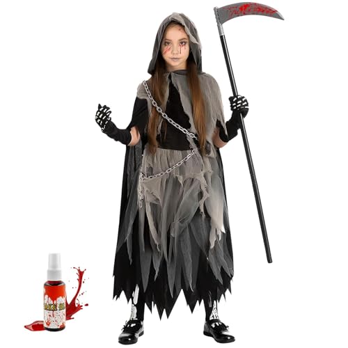 Huahuanghui Halloween Kostüm Sensenmann Mädchen,Halloween Kostüm Kinder Gruselig mit Sichel und Kunstblut,Halloween Reaper Kostüm Kinder für Karnevals,Cosplay,Kinder Kostüm Party (Kostüm, L) von Huahuanghui