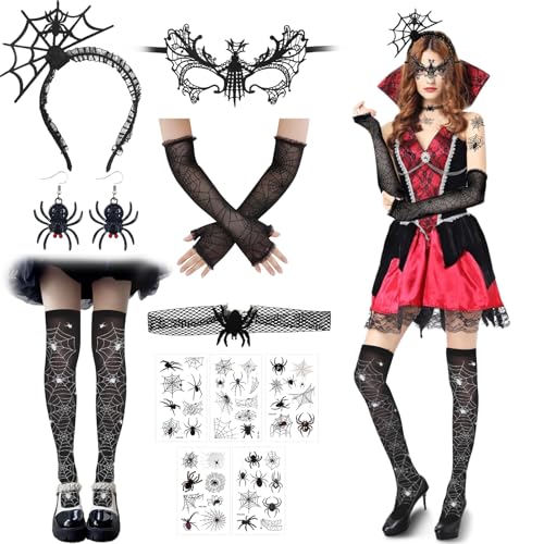 Halloween Spinnenkostüm 14 Stück, mit Spinnennetz Strumpfhose, Damen Fingerlose Handschuhe Spitze, Haarreifen Spinne, Spinnen Maske, Ohrringe, Halloween Karneval Spinne Accessoires von Huahuanghui