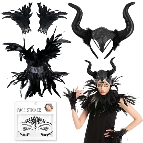 Huahuanghui Maleficent Kostüm Damen, Federkragen Schwarz Set, mit Feder Handschuhe Schwarz und Teufelshörner, Schwarzer Federumhang, Damen Feder Manschetten, zum Halloween Karneval Masquerade Cosplay von Huahuanghui