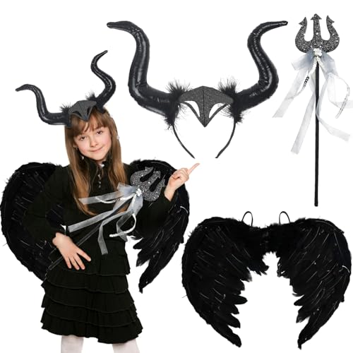 Huahuanghui Maleficent Kostüm Mädchen Kinder, Halloween Kostüm Kinder Mädchen mit Königin Hörner Flügel und Spazierstock,Maleficent Hörner Kostüm Mädchen für Halloween,Karneval,Cosplay, Schwarz von Huahuanghui