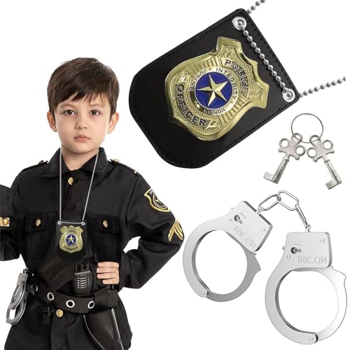 Huahuanghui Polizei Kostüm Kinder,Polizei Kostüm Zubehör Set,Handschellen Kinder, Abzeichen, Polizeibeamten-Kostüm für Kinder,Halloween Party Rollenspiel Cosplay,Polizei Spielzeug von Huahuanghui