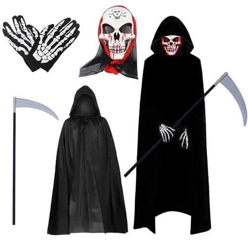 Huahuanghui Sensenmann Kostüm Halloween, Halloween Umhang Set, Halloween Kostüm Sensenmann, Schwarzer Sensenmann Umhang, Sensenmann Verkleidung mit Schädelmaske,Sense,Handschuhen, Unisex Cape 140 cm von Huahuanghui