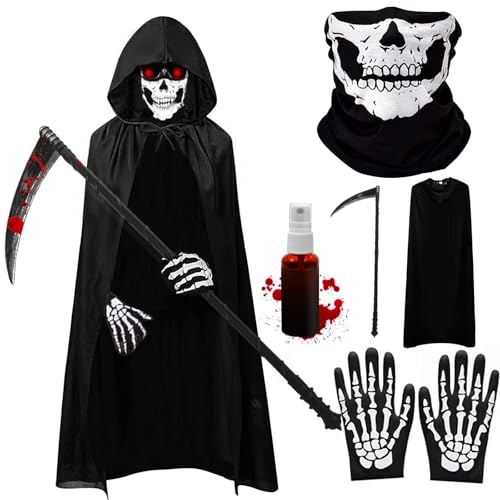 Huahuanghui Sensenmann Kostüm 130CM,VampirKostüm Halloween mit Schädelmaske,Sense,Handschuhen,Kunstblut,Reaper Kostüm, Halloween Umhang mit Kapuze für Karneval Mottoparty (Kinder) von Huahuanghui