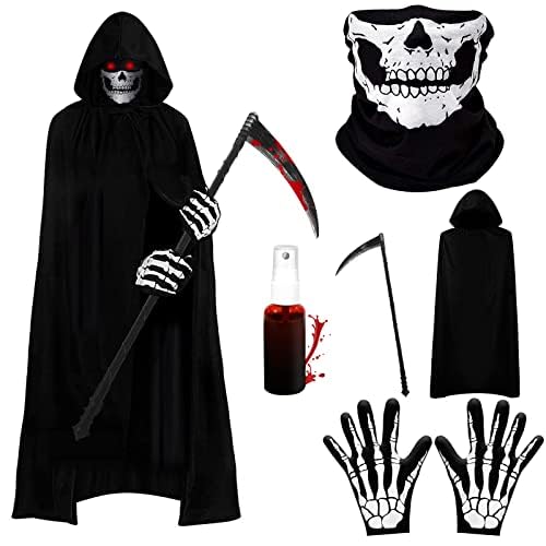 Huahuanghui Sensenmann Kostüm 180CM,VampirKostüm Halloween mit Schädelmaske,Sense,Handschuhen,Kunstblut,Reaper Kostüm, Halloween Umhang mit Kapuze für Karneval Mottoparty (Erwachsene) von Huahuanghui