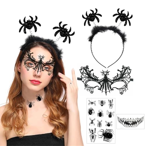 Huahuanghui Spinne Haarreif Maske Set 4 Stück, Spinne Stirnband, Spinne Maske, Spinnennetz Tattoo, Spinnen Haarschmuck, Halloween Karneval Spinne Accessoires von Huahuanghui