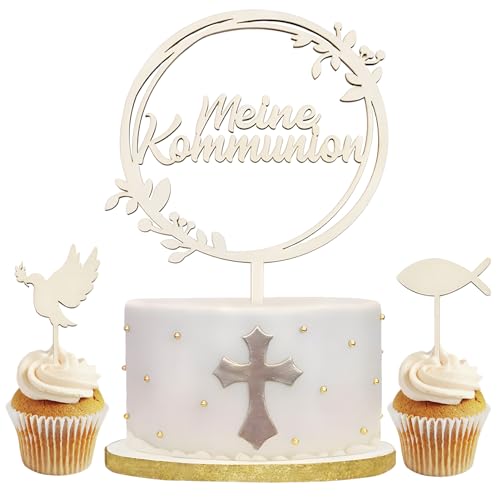 Kommunion Cake Topper,Taufe Holz Tortendeko,Kommunion Kuchenaufstecker,Kommunion Torten Topper,Cake Topper Taufe,Personalisierter Tortenstecker aus Umweltfreundlichem Holz,16cm Durchmesser von Huahuanghui