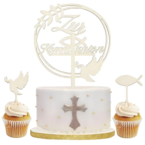 Kommunion Cake Topper,Taufe Holz Tortendeko,Kommunion Kuchenaufstecker,Kommunion Torten Topper,Cake Topper Taufe,Personalisierter Tortenstecker aus Umweltfreundlichem Holz,16cm Durchmesser von Huahuanghui