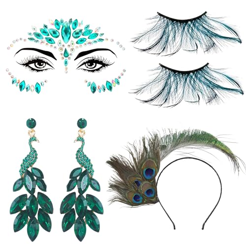 Pfau Kostüm Damen Set, Pfau Haarband für Damen mit Pfauenfedern Wimpern, Pfauenfedern Ohrringe und Glitzersteine Gesicht, Pfauenfedern Haarschmuck, zum Karneval Halloween Mottoparty Cosplay von Huahuanghui