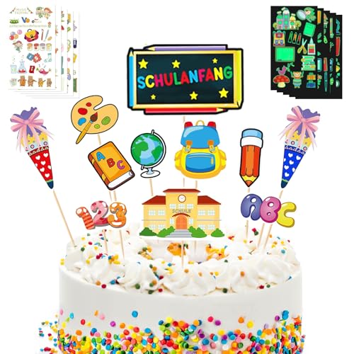 Tortendeko Einschulung,12pcs Schulanfang Tortendeko Kuchen Deko Einschulung Cake Topper,10 Blätter Leucht Tattoo Kinder Mädchen Junge, Schuleinführung Torte Dekorationen Muffin Deko von Huahuanghui