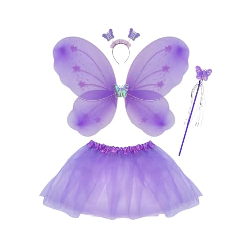 4 Pcs Feen kostüm Kinder für Mädchen, Feenflügel Kinder Schmetterling Kostüm Mädchen, Schmetterlingsflügel Kinder Tutu Zauberstab und Haarreifen, Fee Kostüm Damen Schmetterling Flügel, Blau von Huamengyuan