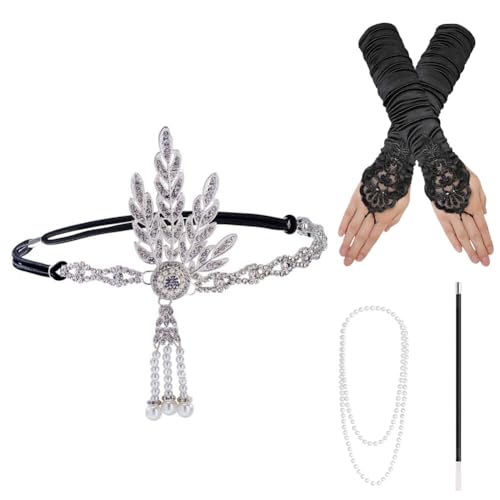 Huamengyuan 1920er Damen Flapper Accessoires Zubehör-Kostüm Set 1920er Jahre Mode Stirnband Halter Lange Handschuhe Perlenkette für Damen von Huamengyuan