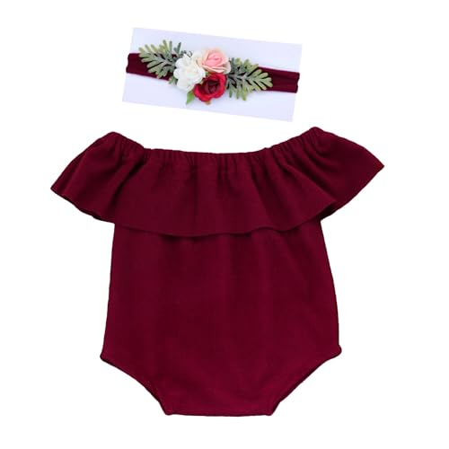 Huamengyuan Body Neugeborenen Fotografie Outfit Sommer Neugeborenes Baby Mädchen Strampler Ärmellos Body Einteiler Prinzessin Bodysuit mit Stirnband Set for Fotostudios Kinder Porträt Bordeaux von Huamengyuan