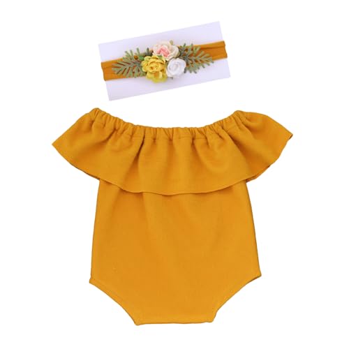 Huamengyuan Body Neugeborenen Fotografie Outfit Sommer Neugeborenes Baby Mädchen Strampler Ärmellos Body Einteiler Prinzessin Bodysuit mit Stirnband Set for Fotostudios Kinder Porträt Gelb von Huamengyuan